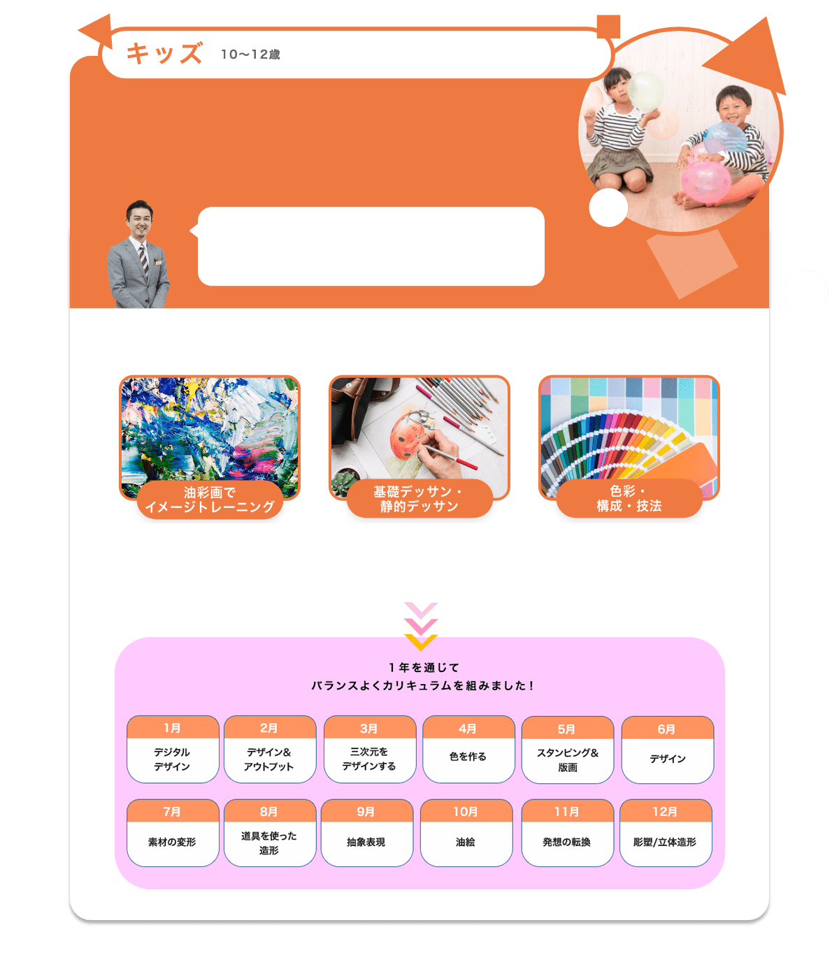 ジュニアクラス　小学校４〜６年 油彩画でイメージトレーニング　基礎デッサン・静的デッサン　色彩・構成・技法　１年を通じてバランス良くカリキュラムを組みました