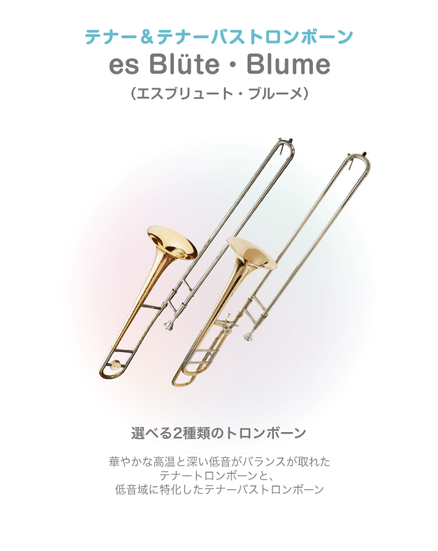 テナー&テナーバストロンボーン es Blüte・Blume (エスブリュート・ブルーメ)選べる2種類のトロンボーン 華やかな高温と深い低音がバランスが取れた テナートロンボーンと、低音域に特化したテナーバストロンボーン