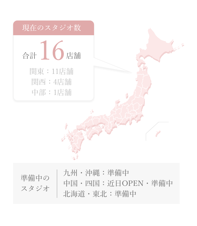 現在のスタジオ数: 合計46店舗/関東: 22店舗/関西: 21店舗/中部: 2店舗/北海道: 1店舗/準備中のスタジオ/九州・沖縄: 準備中/中国・四国: 近日OPEN・準備中/東北:近日OPEN・準備中