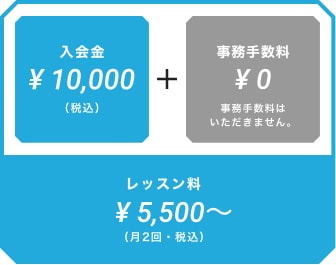 入会金¥10,000 (税込) + 入会 事務 手数料 ¥0 事務手数料はいただきません。 レッスン料 ¥5,500~ (月2回・税込)