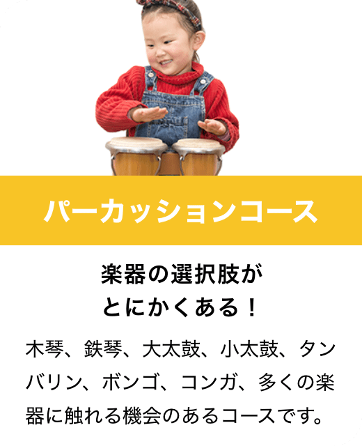 パーカッションコース　楽器の選択肢がとにかくある！　木琴、鉄琴、大太鼓、小太鼓、タンバリン、ボンゴ、コンガ、多くの楽器に触れる機会のあるコースです。