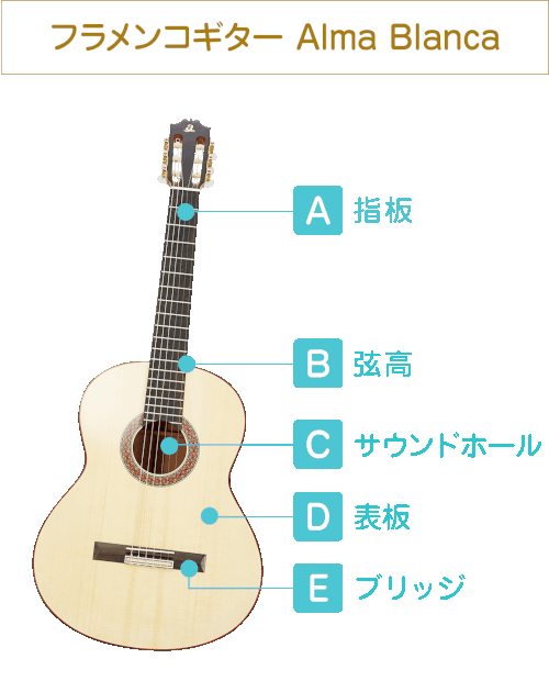 フラメンコギター Alma Blanca  A:指板 B:弦高 C:サウンドホール D:表板 E:ブリッジ