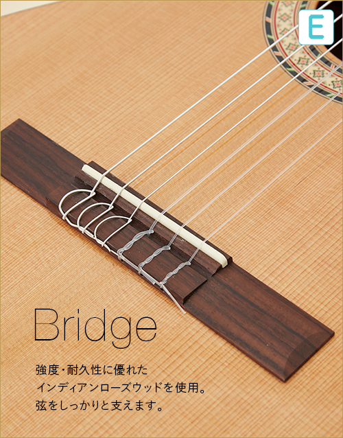 E  Bridge　強度・耐久性に優れたインディアンローズウッドを使用。弦をしっかりと支えます。