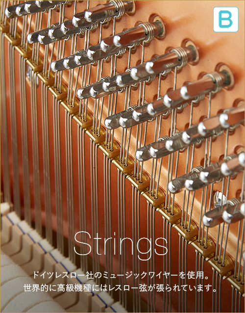 B  Strings　ドイツレスロー社のミュージックワイヤーを使用。世界的に高級機種にはレスロー弦が張られています。