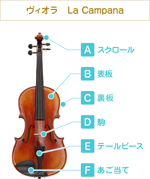 ビオラ La Campana A スクロール　B　表板　C　裏板　D　駒　E　テールピース　F　あご当て