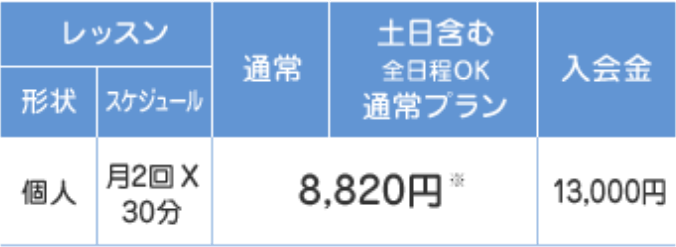 「レッスン、形状個人、スケジュール月二回X30分」「通常、土日含む全日程OK通常プラン、8820円」「入会金13000円」