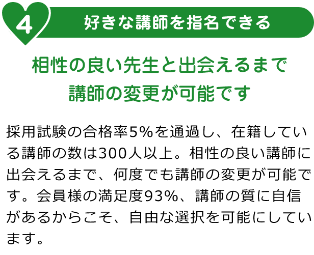 4. 好きな講師を指名できる「相性の良い先生と出会えるまで講師の変更が可能です」「採用試験の合格率5%を通過し、在籍している講師の数は300人以上。相性の良い講師に出会えるまで、何度でも講師の変更が可能です。会員様の満足度93%、講師の質に自信があるからこそ、自由な選択を可能にしています。」
