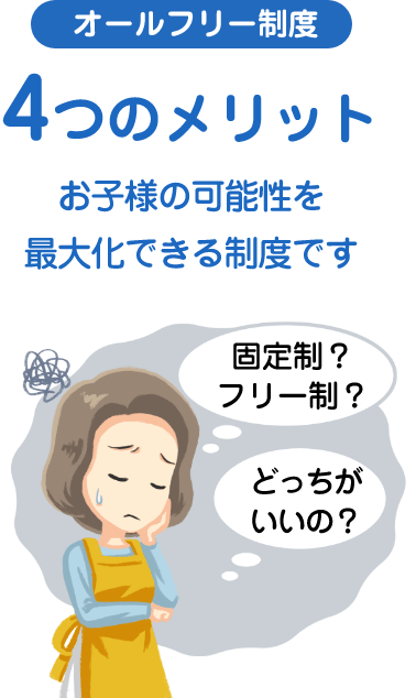 「オールフリー制」「4つのメリット」「お子様の可能性を最大化できます」「固定制?フリー制?どっちがいいの?」