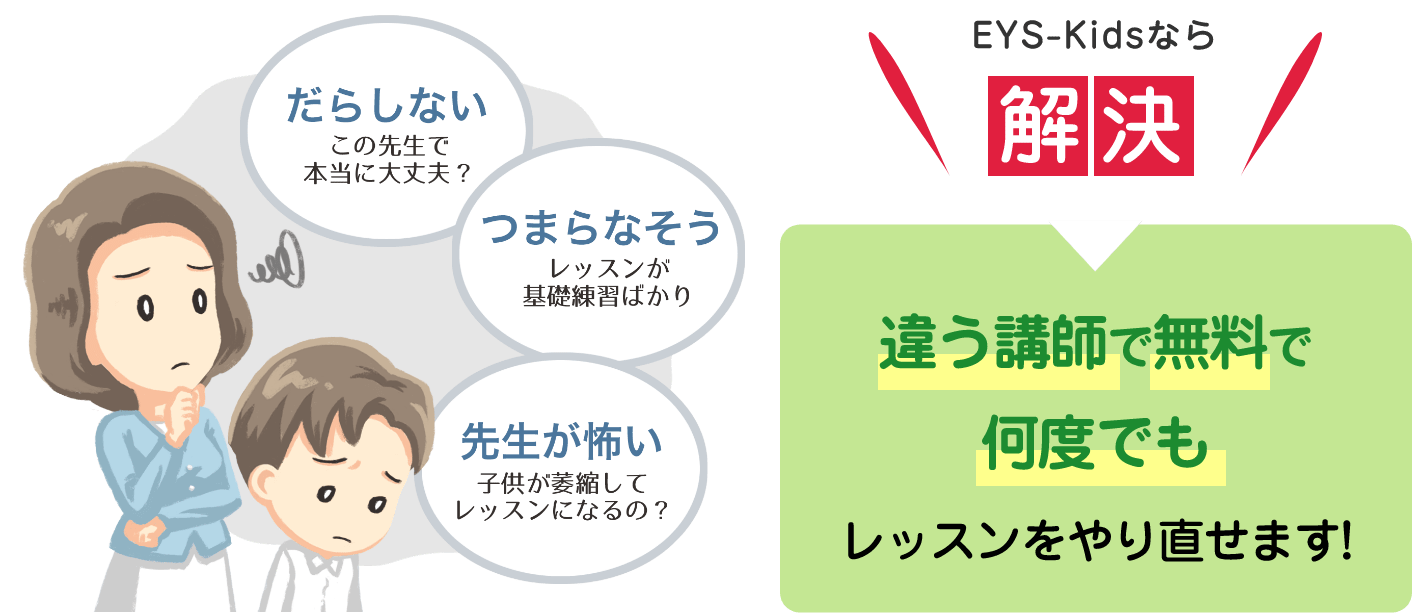 「だらしないこの先生で本当に大丈夫?」「つまらなそうレッスンが基礎練習ばかり」「先生が怖い子供が萎縮してレッスンになるの?」「EYS-Kidsなら解決違う講師で無料で何度でもレッスンをやり直せます!」