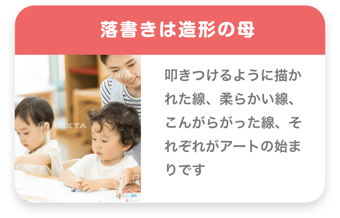 落書きは造形の母 叩きつけるように描かれた線、柔らかい線、こんがらがった線、それぞれがアートの始まりです