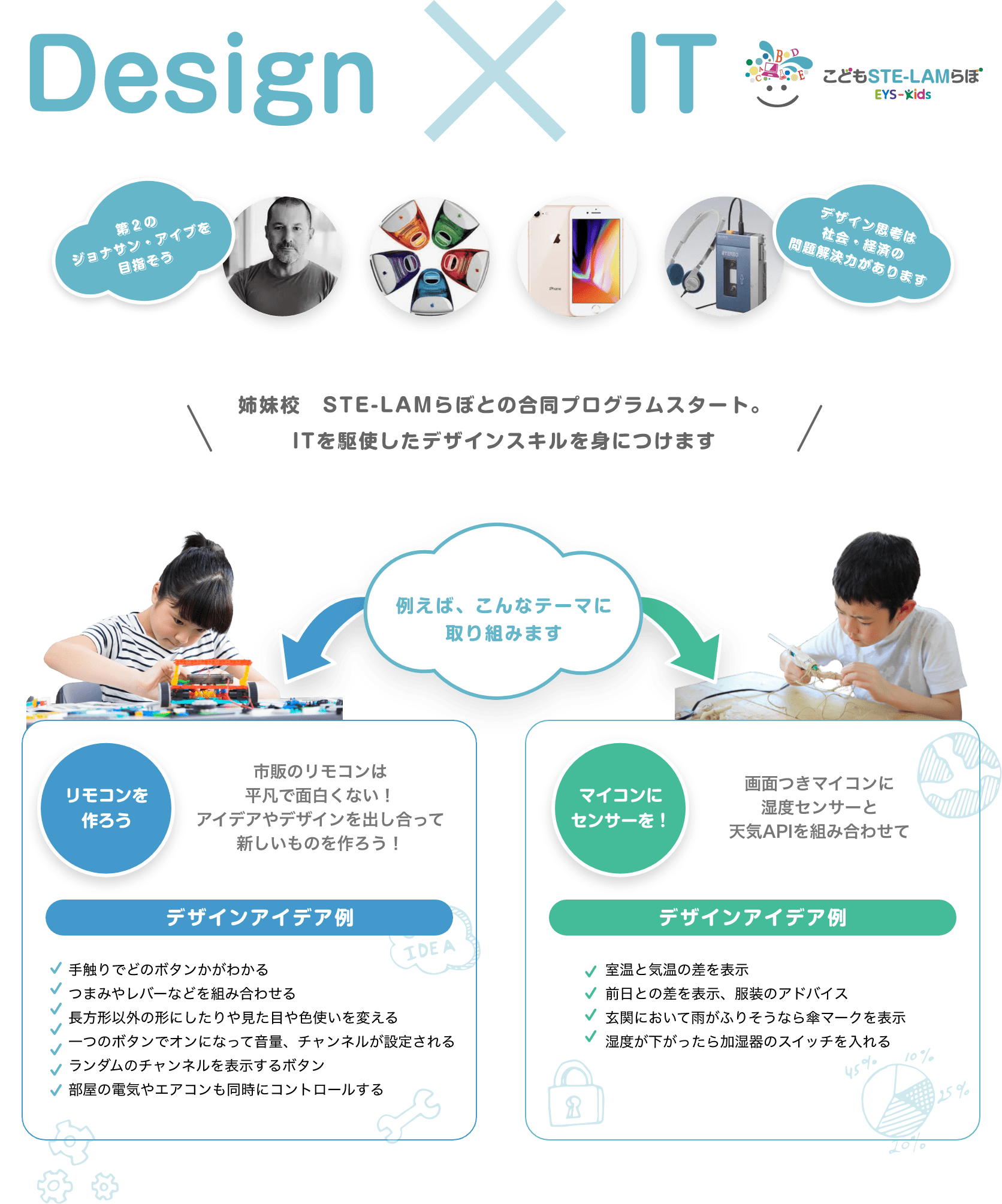 Design ✖️ IT こどもSTE-LAMらぼEYS-Kids 第2のジョナサン・アイブを目指そう デザイン思考は社会・経済の問題解決力があります \姉妹校 STE-LAMらぼとの合同プログラムスタート。ITを駆使したデザインスキルを身につけます/ 例えば、こんなテーマに取り組みます 「リモコンを作ろう」 市販のリモコンは平凡で面白くない!アイデアやデザインを出し合って新しいものを作ろう! デザインアイデア例 ・手触りでどのボタンかがわかる ・つまみやレバーなどを組み合わせる ・長方形以外の形にしたりや見た目や色使いを変える ・一つのボタンでオンになって音量、チャンネルが設定される ・ランダムのチャンネルを表示するボタン ・部屋の電気やエアコンも同時にコントロールする 「マイコンにセンサーを!」 画面つきマイコンに湿度センサーと天気APIを組み合わせて デザインアイデア例 ・室温と気温の差を表示 ・前日との差を表示、服装のアドバイス ・玄関において雨がふりそうなら傘マークを表示 ・湿度が下がったら加湿器のスイッチを入れる