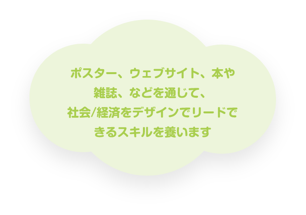 ポスター、ウェブサイト、本や雑誌、などを通じて、社会/経済をデザインでリードできるスキルを養います