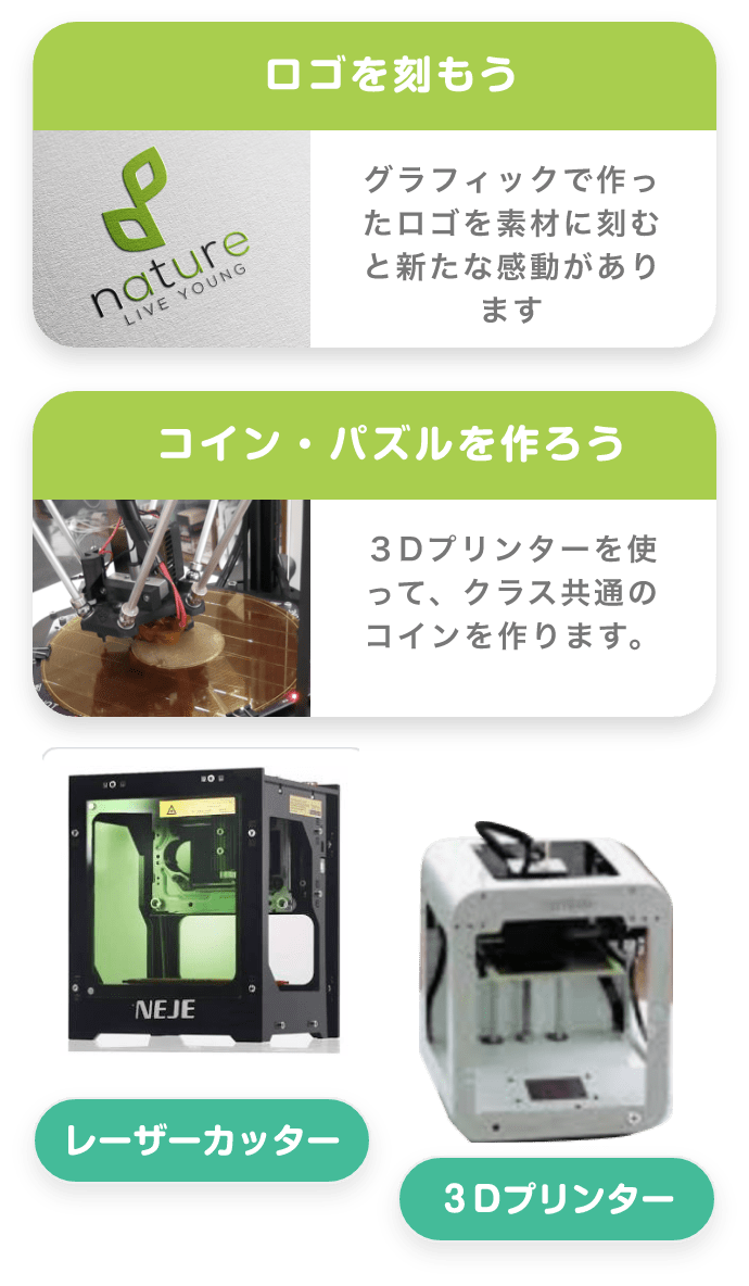 レーザーカッター 3Dプリンター ロゴを刻もう nature live young グラフィックで作ったロゴを素材に刻むと新たな感動があります コイン・パズルを作ろう 3Dプリンターを使って、クラス共通のコインを作ります。
