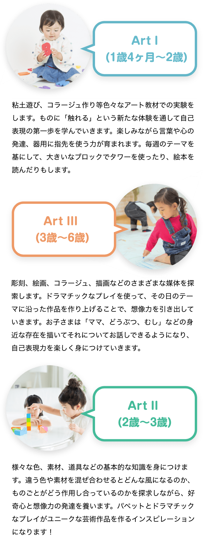 Art I (1歳4ヶ月~2歳) 粘土遊び、コラージュ作り等色々なアート教材での実験をします。ものに「触れる」という新たな体験を通して自己表現の第一歩を学んでいきます。楽しみながら言葉や心の発達、器用に指先を使う力が育まれます。毎週のテーマを基にして、大きいなブロックでタワーを使ったり、絵本を読んだりもします。 Art II (2歳~3歳) 様々な色、素材、道具などの基本的な知識を身につけます。違う色や素材を混ぜ合わせるとどんな風になるのか、ものごとがどう作用し合っているのかを探求しながら、好奇心と想像力の発達を養います。パペットとドラマチックなプレイがユニークな芸術作品を作るインスピレーションになります! Art III (3歳~6歳) 彫刻、絵画、コラージュ、描画などのさまざまな媒体を探索します。ドラマチックなプレイを使って、その日のテーマに沿った作品を作り上げることで、想像力を引き出していきます。お子さまは「ママ、どうぶつ、むし」などの身近な存在を描いてそれについてお話しできるようになり、自己表現力を楽しく身につけていきます。