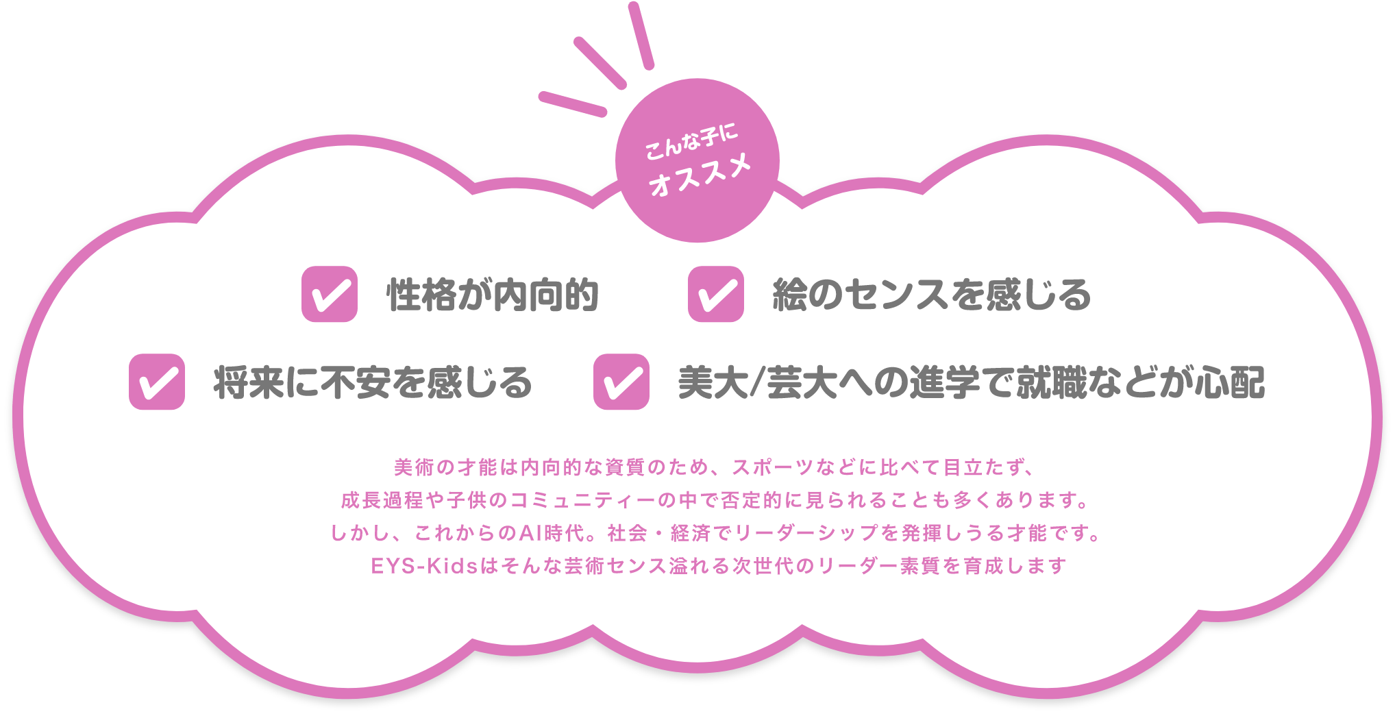 こんな子にオススメ 性格が内向的 絵のセンスを感じる 将来に不安を感じる 美大/芸大への進学で就職などが心配 美術の才能は内向的な資質のため、スポーツなどに比べて目立たず、成長過程や子供のコミュニティーの中で否定的に見られることも多くあります。しかし、これからのAI時代。社会・経済でリーダーシップを発揮しうる才能です。EYS-Kidsはそんな芸術センス溢れる次世代のリーダー素質を育成します