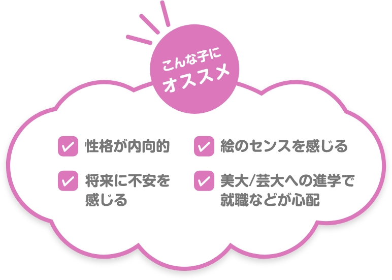 こんな子にオススメ 性格が内向的 絵のセンスを感じる 将来に不安を感じる 美大/芸大への進学で就職などが心配