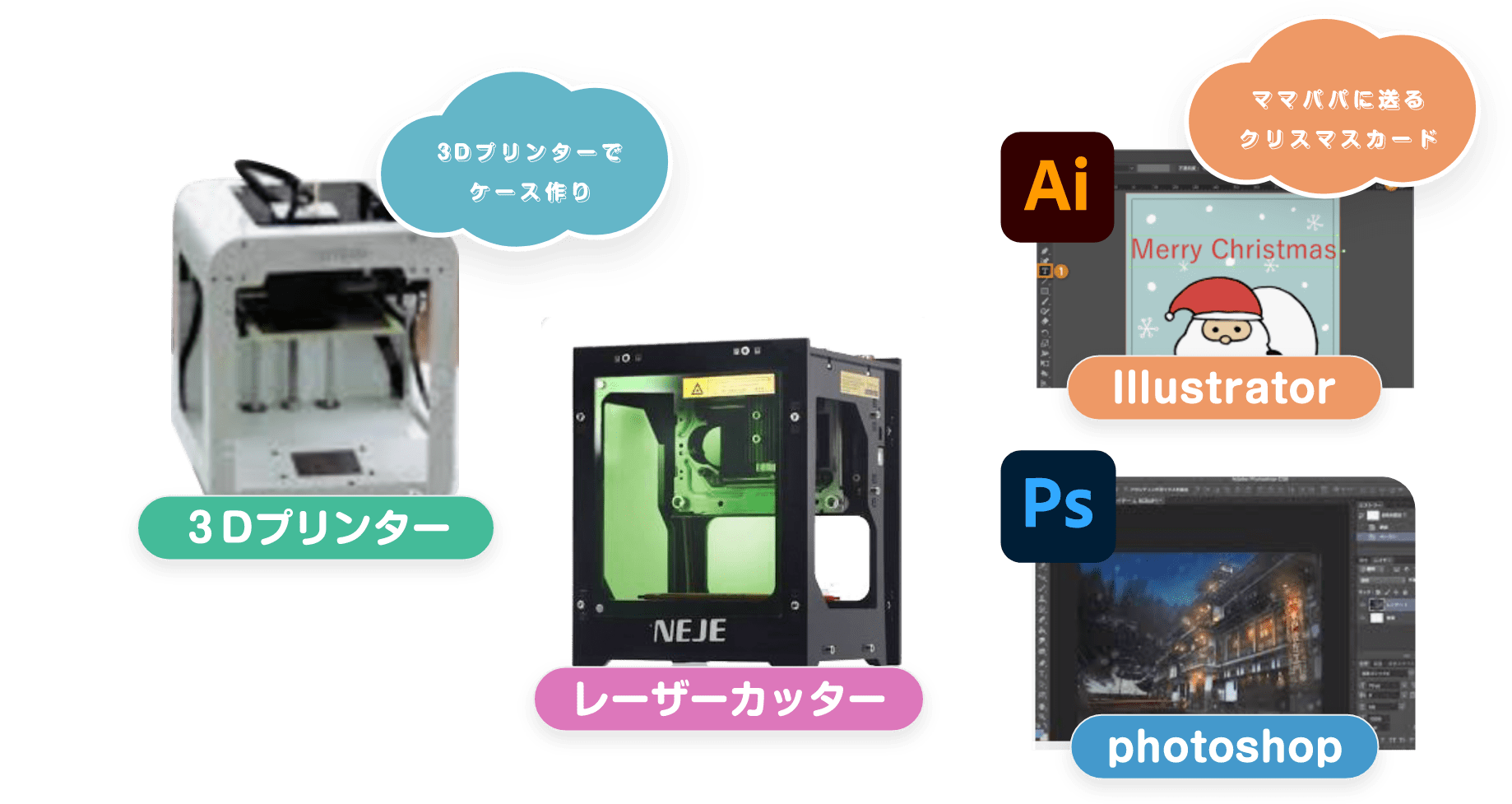 3Dプリンターでケース作り 3Dプリンター レーザーカッター ママパパに送るクリスマスカード Merry Christmas Illustrator Ai photoshop Ps