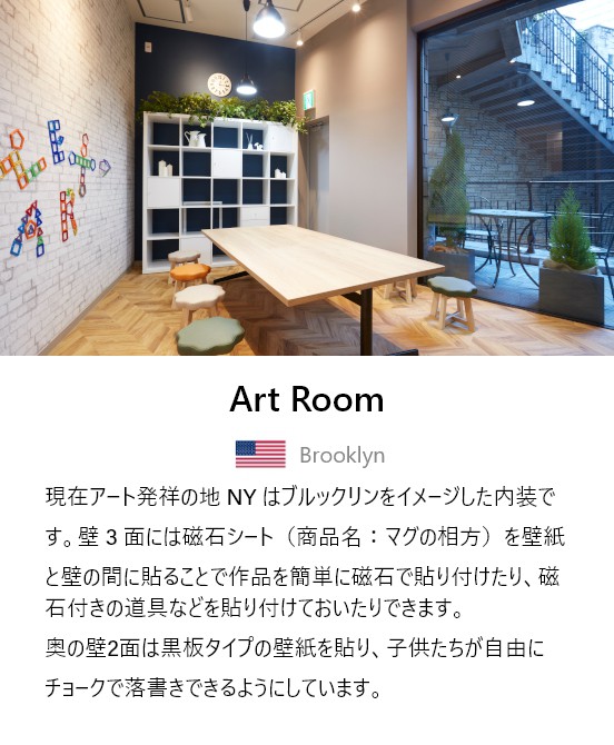 Art Room　現在アート発祥の地NYはブルックリンをイメージした内装です。壁３面には磁石シート（商品名：マグの相方）を壁紙と壁の間に貼ることで作品を簡単に磁石で貼り付けたり、磁石付きの道具などを貼り付けておいたりできます。奥の壁２面は黒板タイプの壁紙を貼り、子供たちが自由にチョークで落書きできるようにしています。