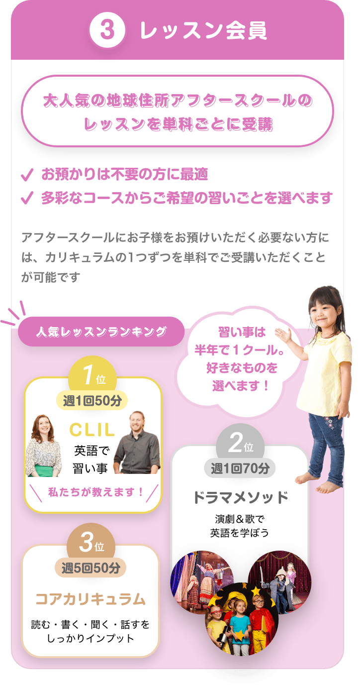 ③レッスン会員 大人気の地球住所アフタースクールのレッスンを単科ごとに受講 お預かりは不要の方に最適 多彩なコースからご希望の習いごとを選べます アフタースクールにお子様をお預けいただく必要ない方には、カリキュラムの1つずつを単科でご受講いただくことが可能です 人気レッスンランキング 1位週1回50分 CLIL 英語で習い事\私たちが教えます!/ 2位週1回70分 シアターメソッド 演劇&歌で英語を学ぼう 3位週5回50分 コアカリキュラム 演劇&歌で英語を学ぼう 習い事は半年で1クール。好きなものを選べます!