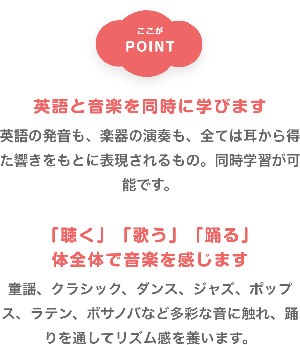 ここがPOINT　「英語と音楽を同時に学びます」　英語の発音も、楽器の演奏も、全ては耳から得た響きをもとに表現されるもの。同時学習が可能です。　「「聴く」「歌う」「踊る」体全体で音楽を感じます」　童謡、クラシック、ダンス、ジャズ、ポップス、ラテン、ボサノバなど多彩な音に触れ、踊りを通してリズム感を養います。