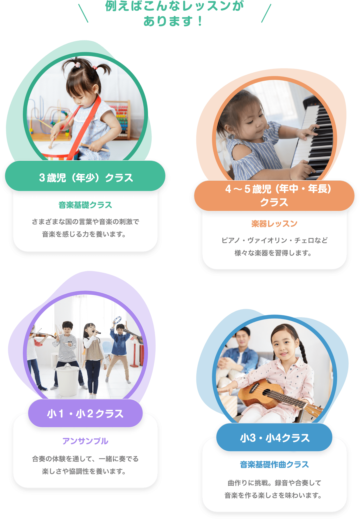 ＼例えばこんなレッスンがあります！／　３歳児（年少）クラス　音楽基礎クラス　さまざまな国の言葉や音楽の刺激で音楽を感じる力を養います。　４〜５歳児(年中・年長)クラス　楽器レッスン　ピアノ・バイオリン・チェロなど様々な楽器を習得します。　小１・小２クラス　アンサンブル　合奏の体験を通して、一緒に奏でる楽しさや協調性を養います。　小3・小4クラス　音楽基礎作曲クラス　曲作りに挑戦。録音や合奏して音楽を作る楽しさを味わいます。