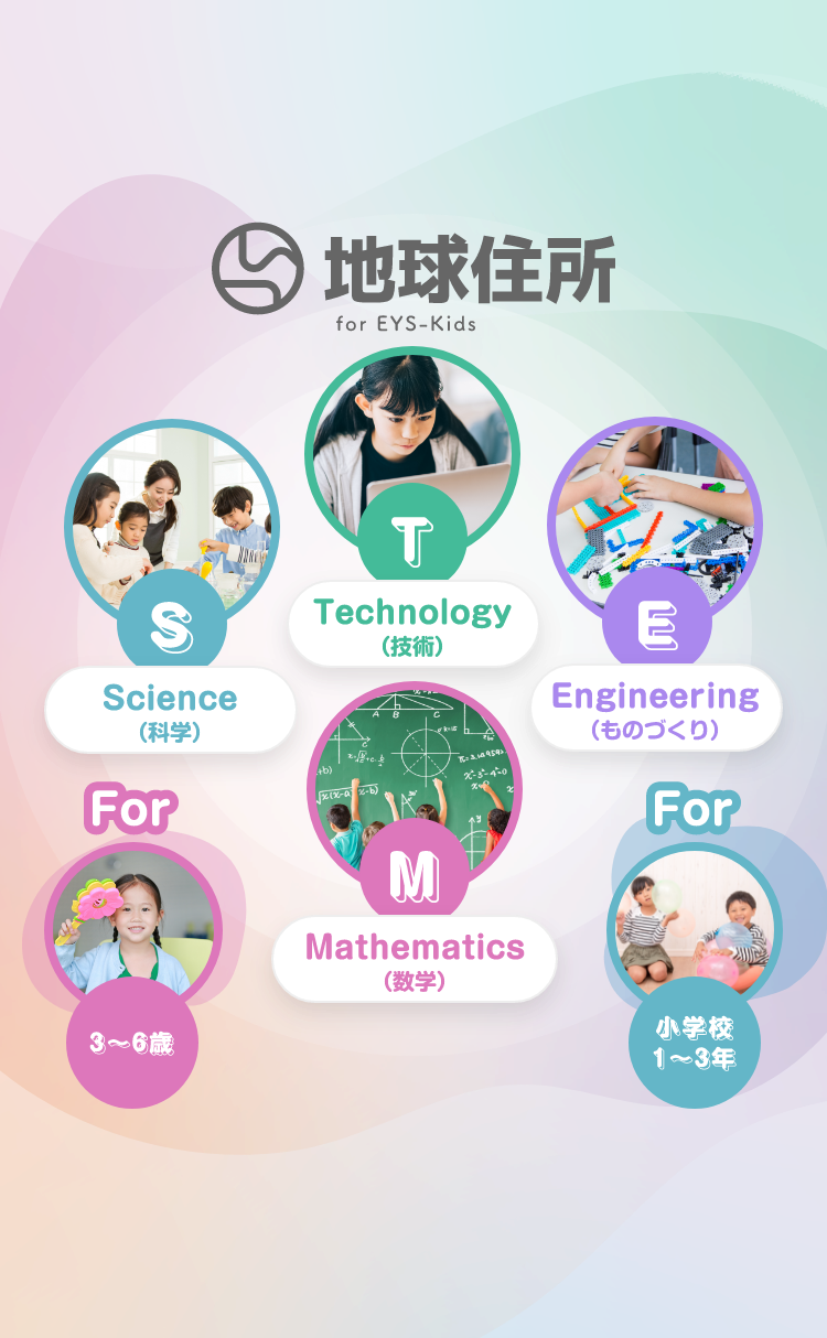 地球住所 for EYS-Kids S Science(科学)　T Technology(技術)　E Engineering(ものづくり)　M Mathematics(数学)　For ３〜6歳　For 小学校１〜3年